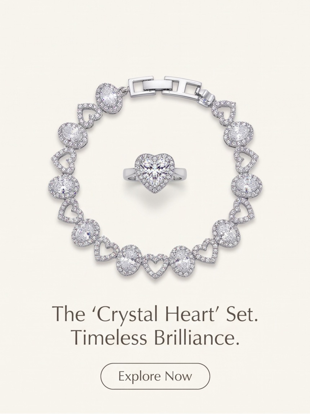 'Crystal Heart' Jewelry Set – Adjustable Ring & Bracelet